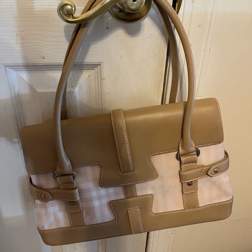 Burberry Vintage Beige Leather And Canvas Tote